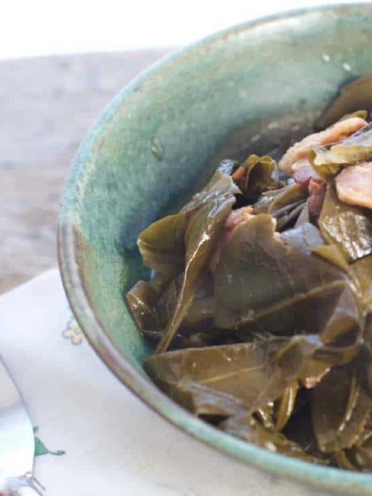 green bowl of collard greens.