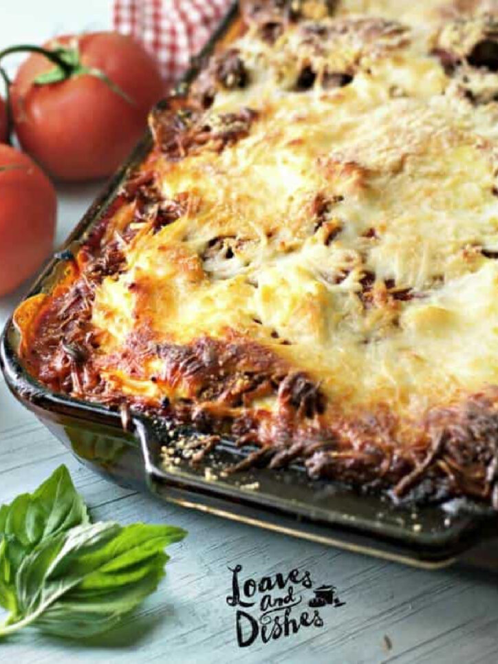 glass pan of cowboy lasagna.