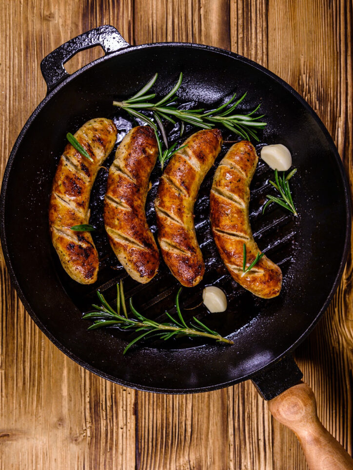 Smoked sausage in grill pan.