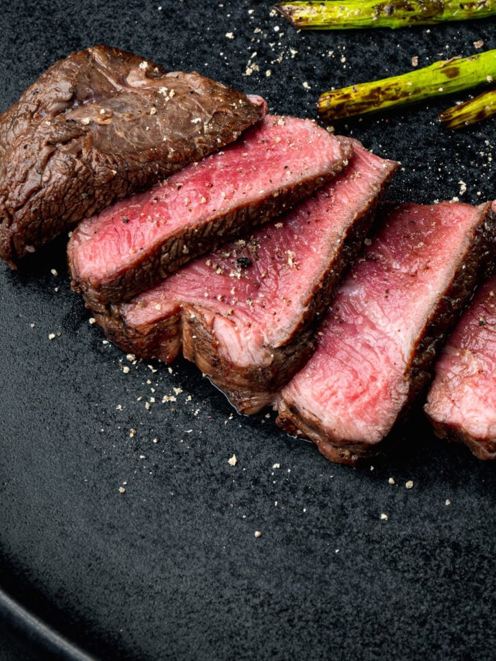 seasoned whiskey steak on pan.