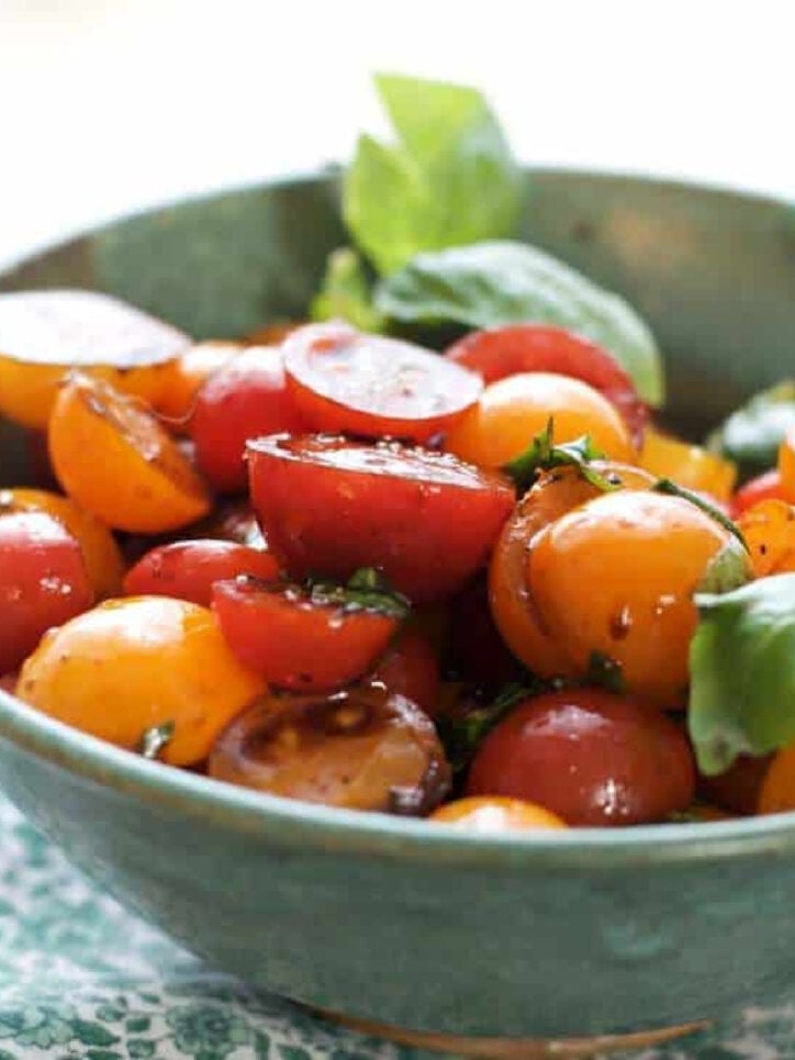 Bowl of tomatoes cut for a salad.