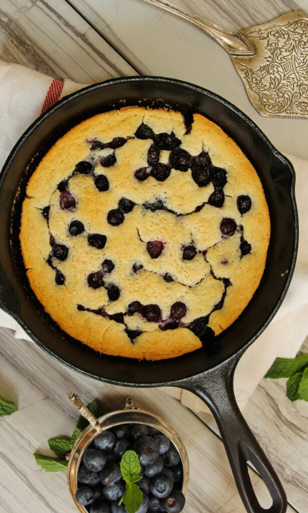 Blueberry Clafoutis Recipe in a skillet.