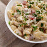 creamy bacon ranch pasta salad in bowl.