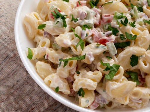 creamy bacon ranch pasta salad in bowl.