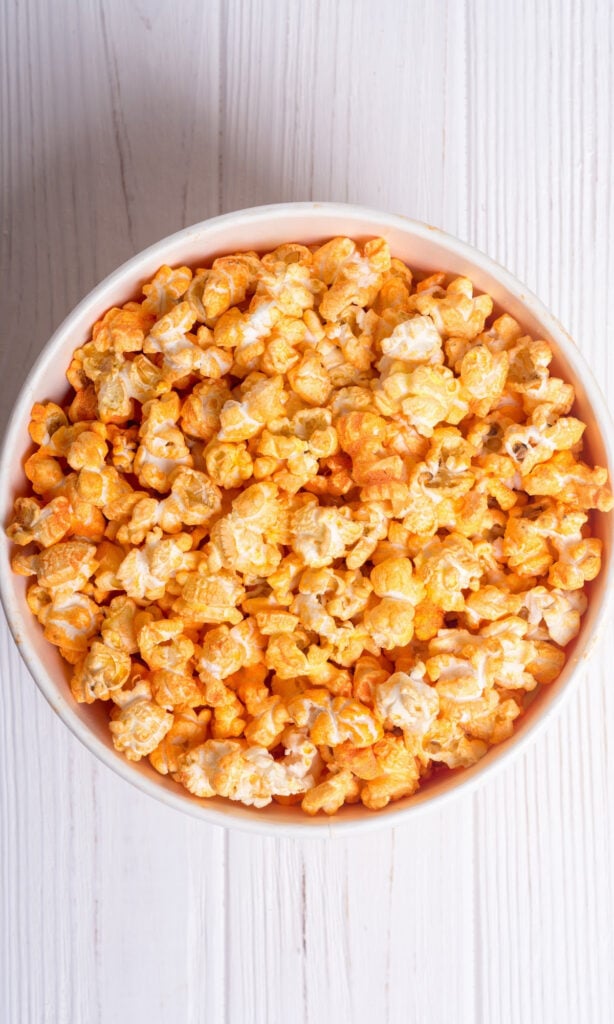 Bowl of best hot wing popcorn recipe.