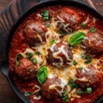 cheesy meatball bake in pan.