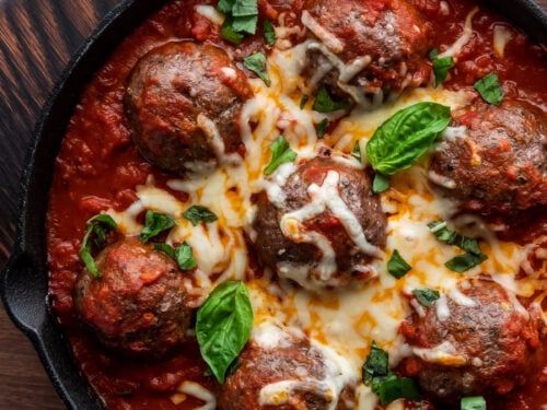 cheesy meatball bake in pan.