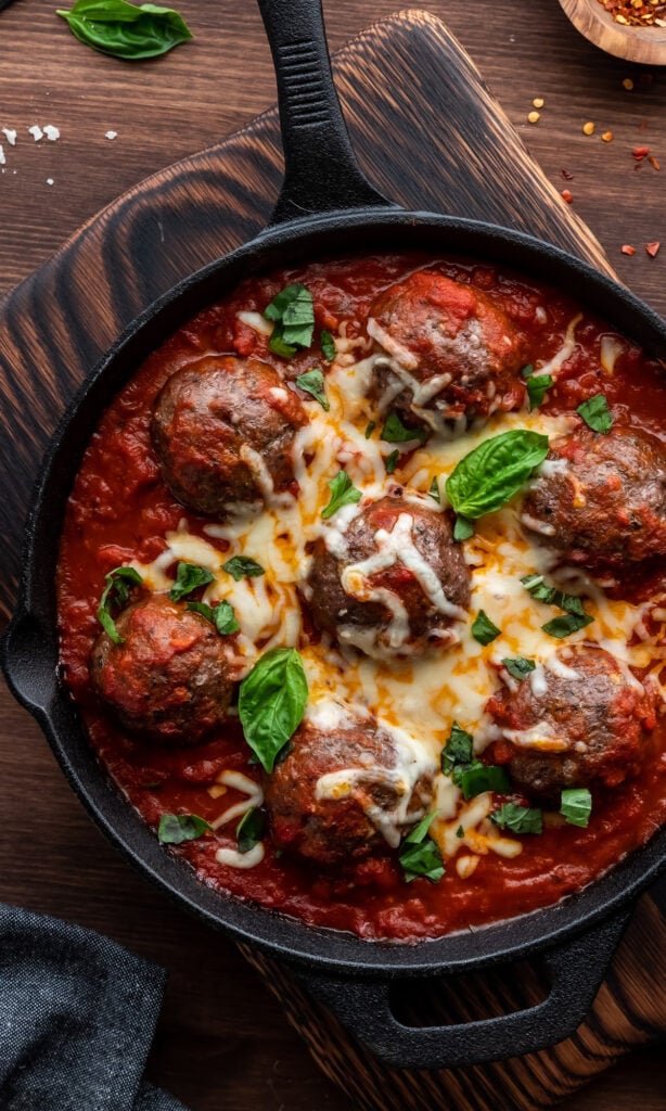 Pan of Cheesy Meatball Bake.