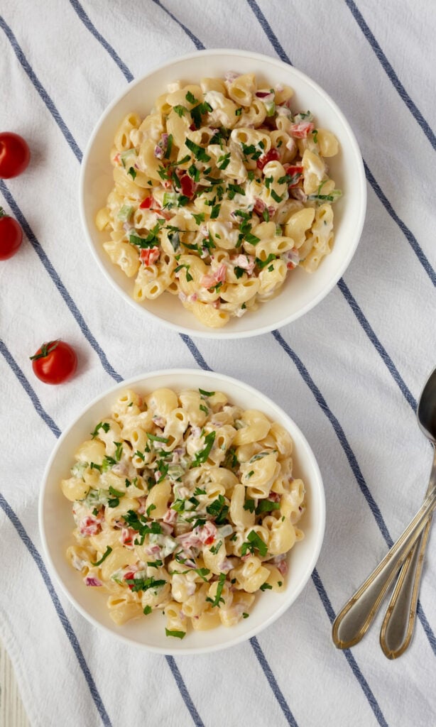 two bowls of Bacon Ranch Pasta Salad Recipe.