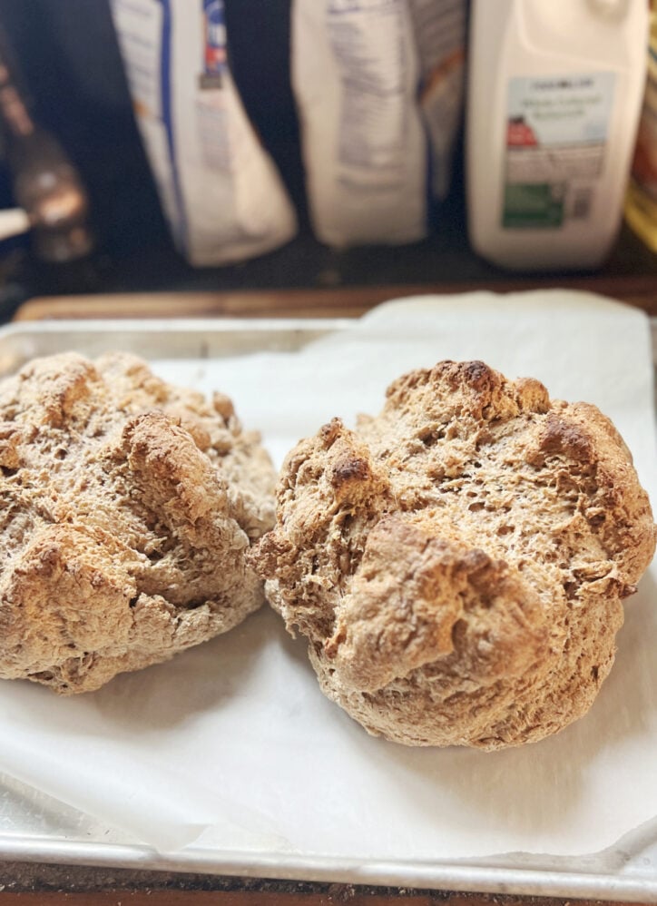 Craggy top of irish brown bread.