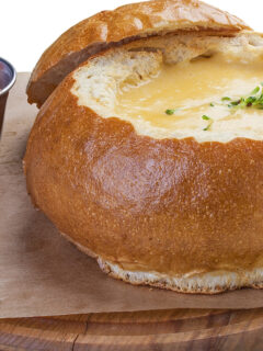 potato soup in a bread bowl.