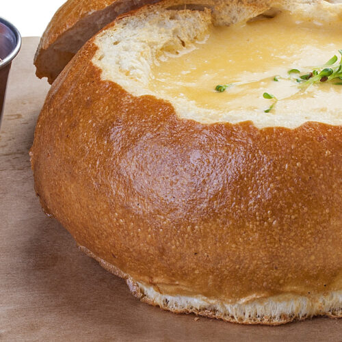 potato soup in a bread bowl.