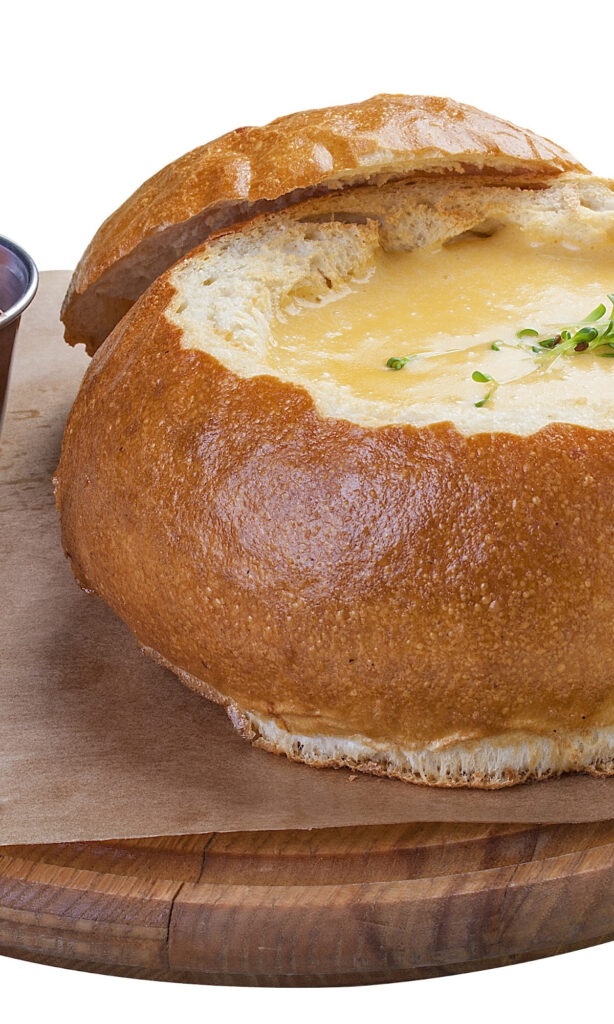 Best Potato Cheese Soup Recipe in a bread bowl.