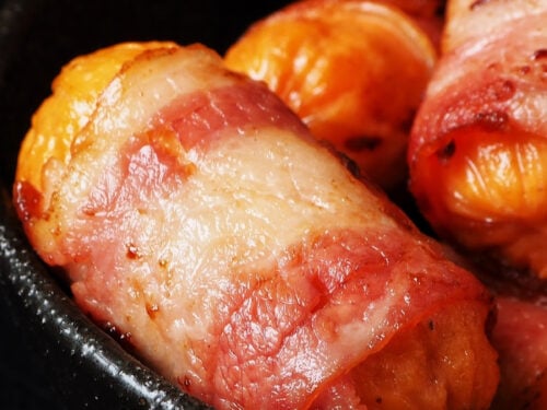 andouille sausage bites on pan.