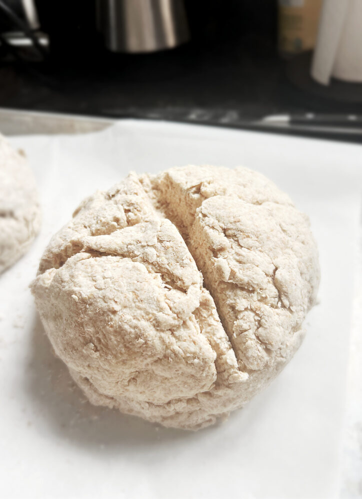 loaf of uncooked irish brown bread.