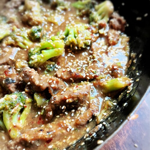 beef and broccoli with sesame seeds.