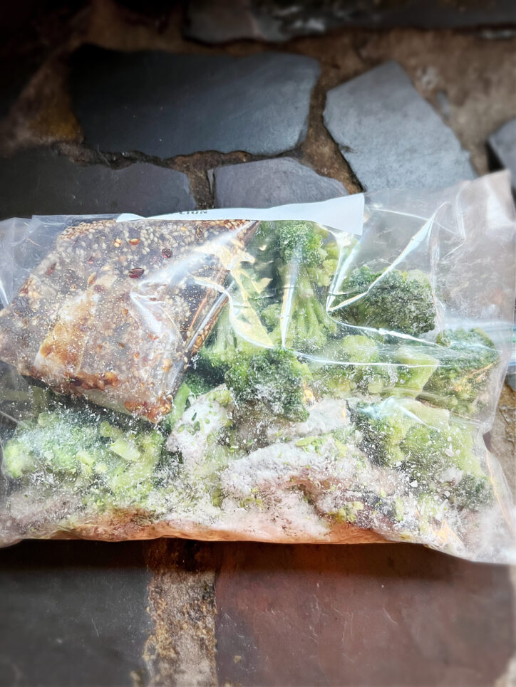 Beef and broccoli frozen in a bag.