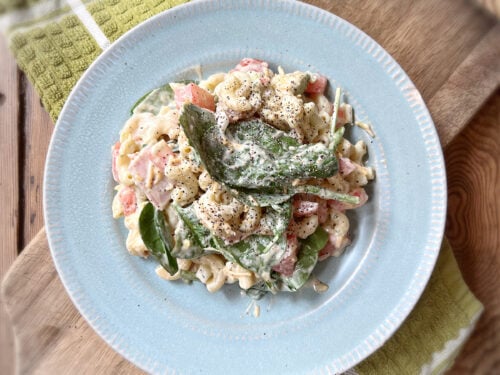 pasta salad on a blue plate