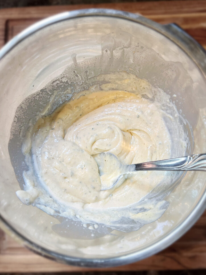 making the dressing for the best california club pasta salad
