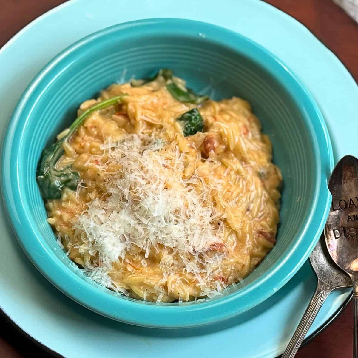 Chicken and orzo in a sauce with fresh spinach