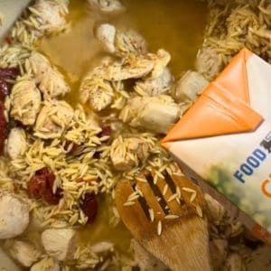 Orzo and chicken broth added the cooked chicken